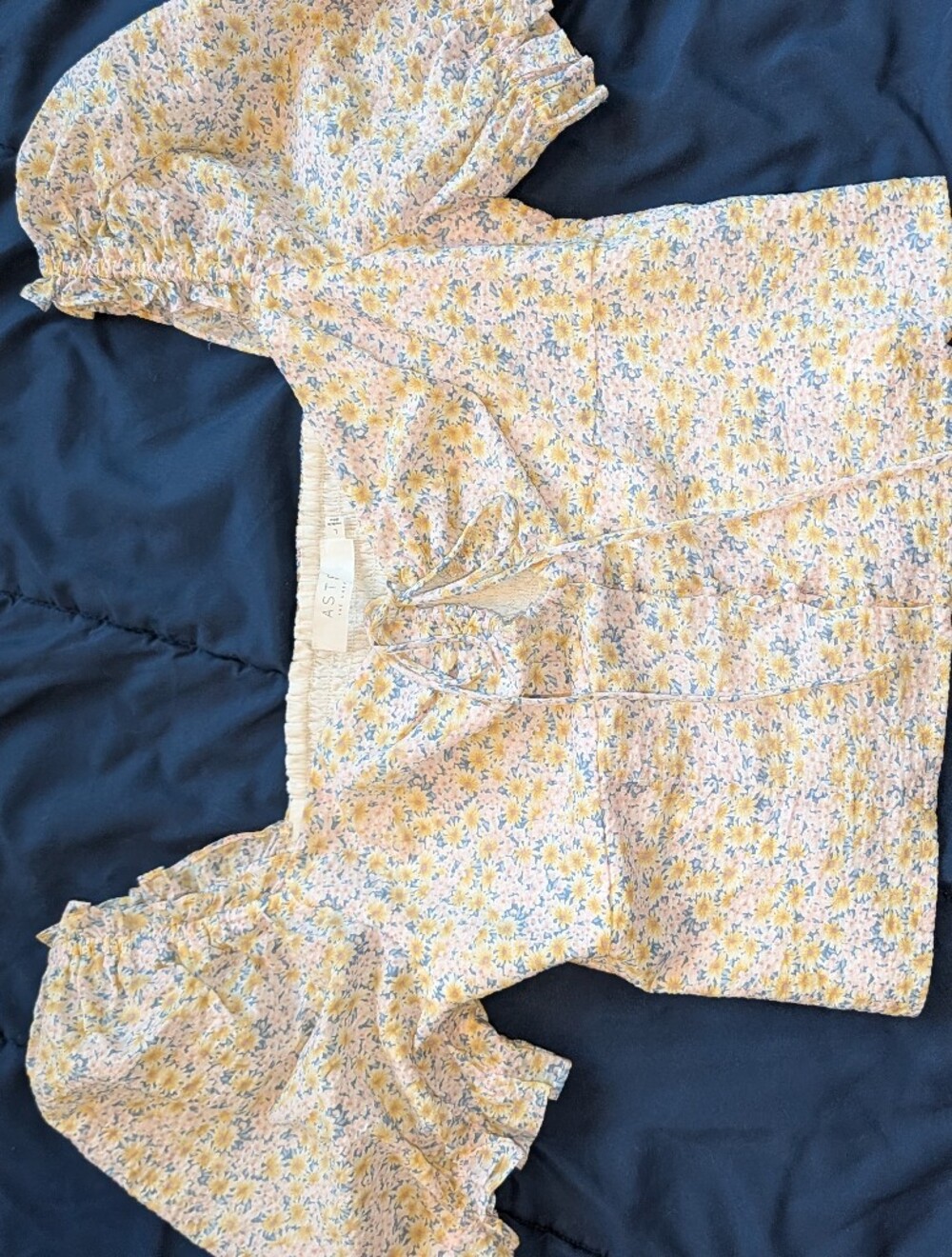 Astr The Label Womens Yellow Blue Floral Puff-Sleeve Crop Top Blouse Smocked